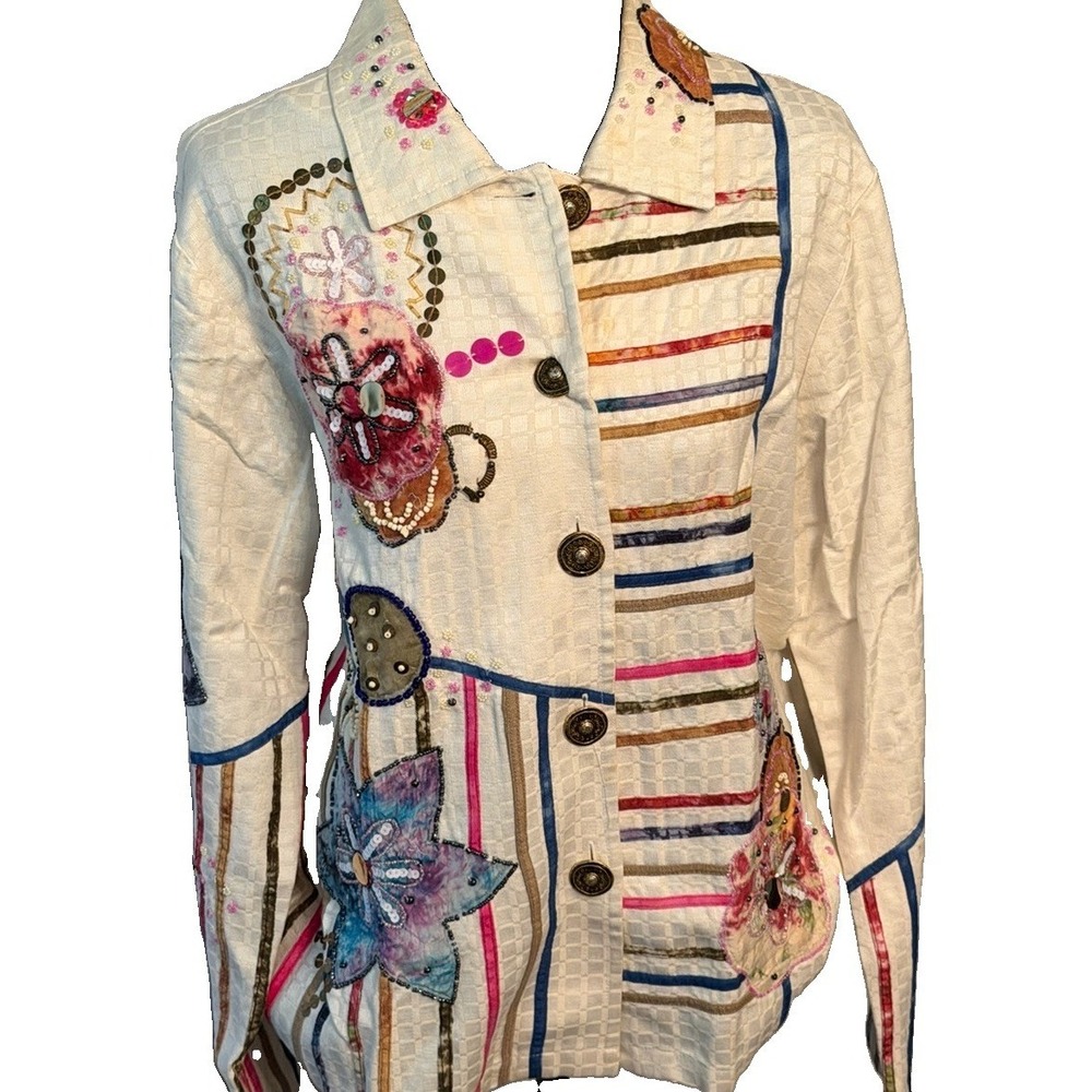 Alex Kim Beaded & Embroidered Jacket Women's Size Medium Button Front Colorful